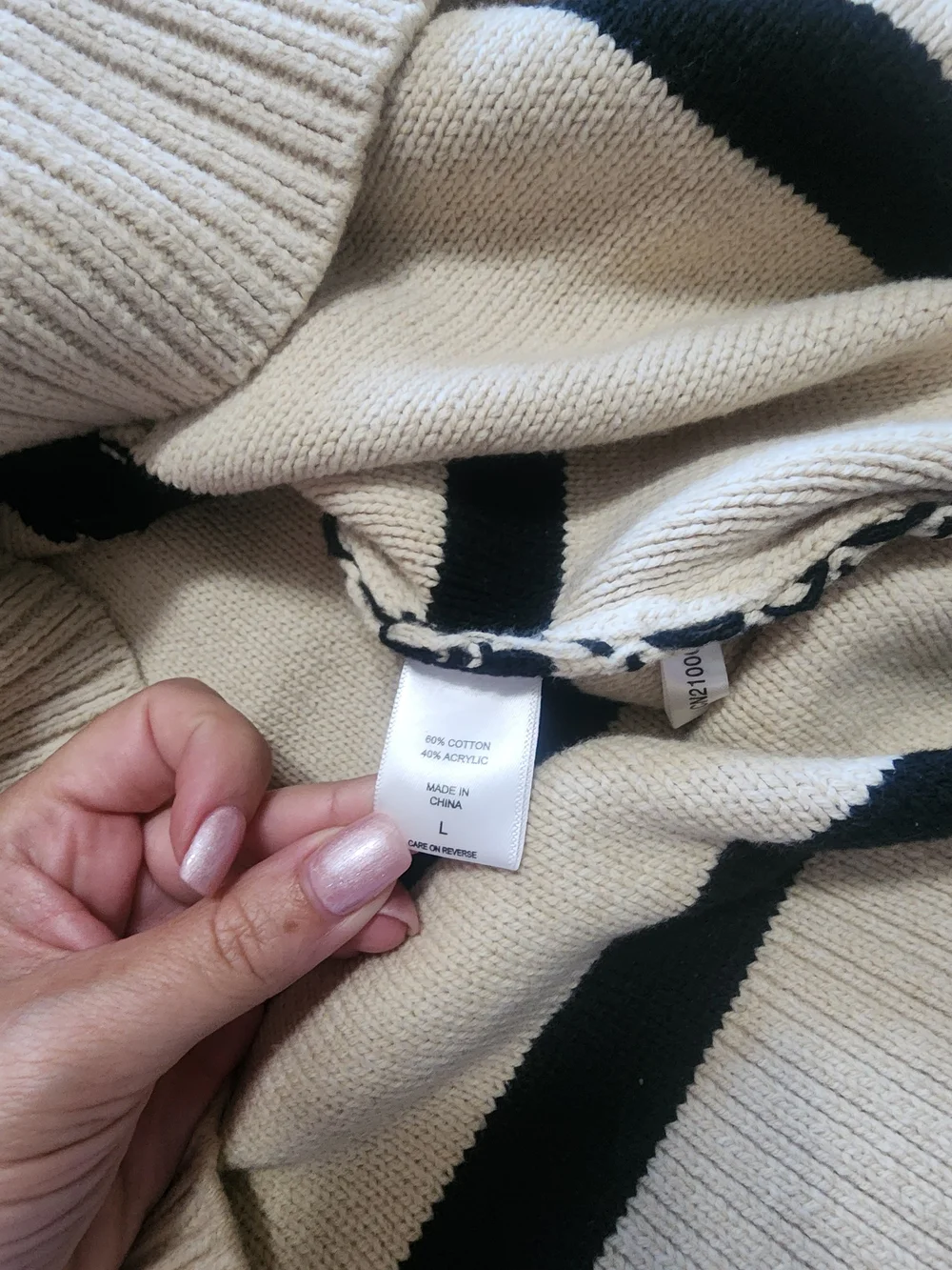 New York & Company Striped Turtleneck Cable Knit Sweater Dress Beige Large
